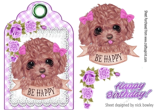 Sweet puppy with bows and lilac roses on a gingham tag