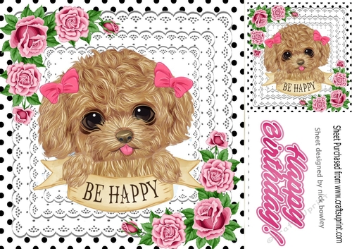Sweet puppy with pink roses and black polkadot 8x8