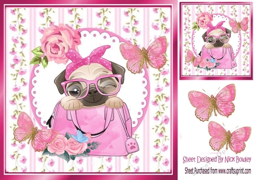 cute pug in a hand bag with flowers and butterflies 8x8
