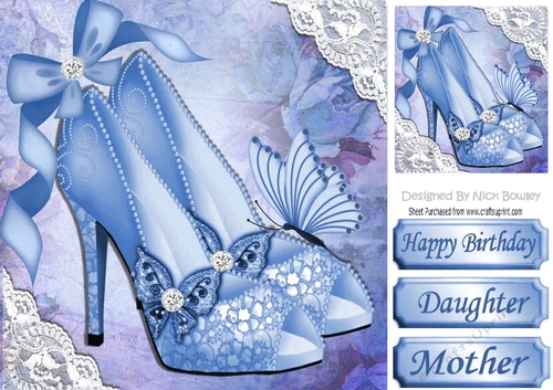 Pretty blue shoe with diamantes and lace corners 8x8