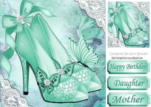 Pretty turq shoe with diamantes and lace corners 8x8
