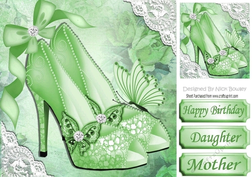 Pretty green shoe with diamantes and lace corners 8x8