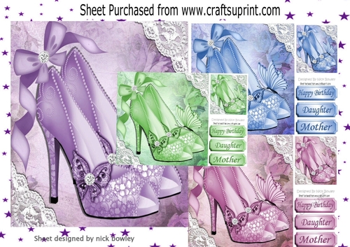  4 Pretty shoes with diamantes and lace corners card fronts 8x8 mini kit