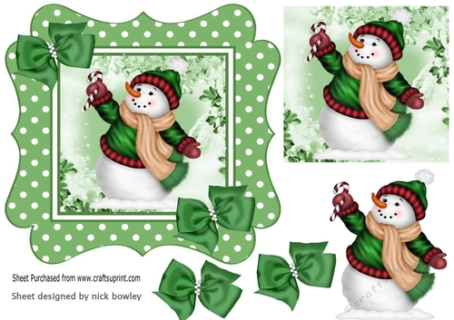 lovely snowman in  green polkadot frame with bows 7x7