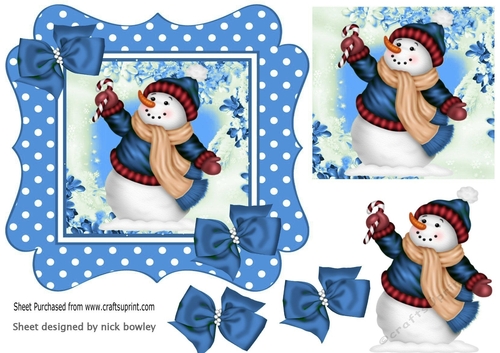 lovely snowman in blue polkadot frame with bows 7x7