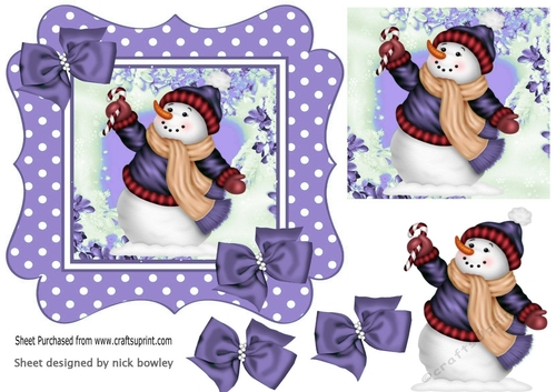 lovely snowman in purple polkadot frame with bows 7x7