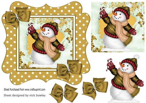 lovely snowman in gold polkadot frame with bows 7x7