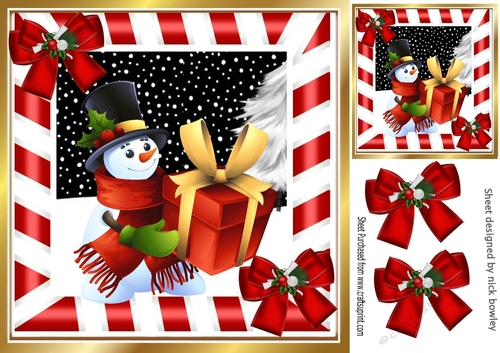 Snowman with present and red bows 8x8