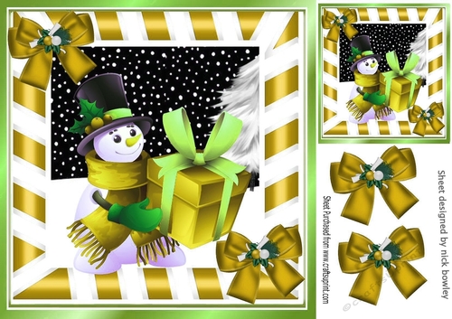 Snowman with present and gold bows 8x8
