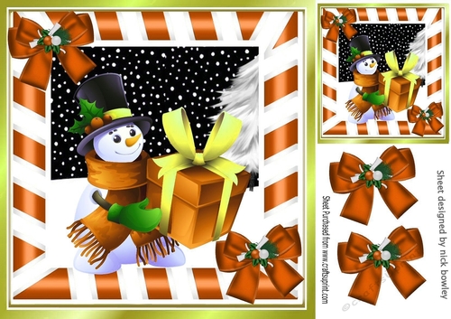 Snowman with present and orange bows 8x8