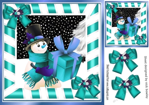 Snowman with present and turq bows 8x8
