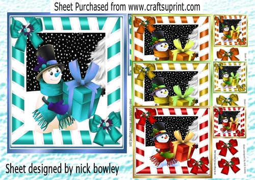  4 Snowmen with presents and bows 8x8 card fronts mini kit