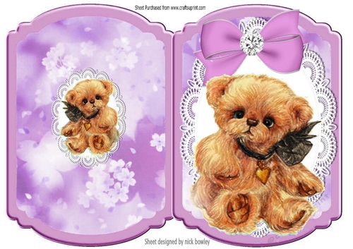 Cute little bear with lilac bow on lace bracket card
