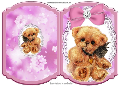 Cute little bear with pink bow on lace bracket card