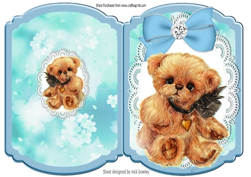 Cute little bear with blue bow on lace bracket card
