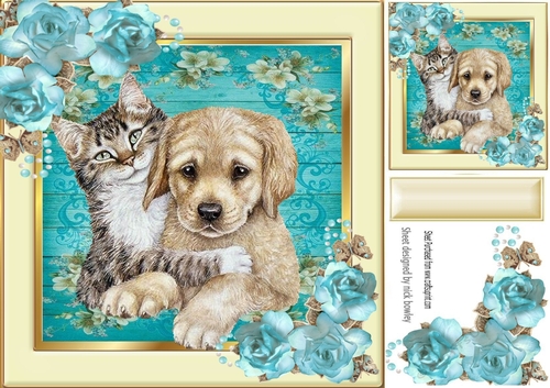 pretty floral frame with cuddling kitten and puppy  8x8