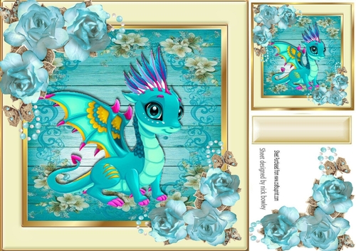 pretty floral frame with cute turq dragon  8x8