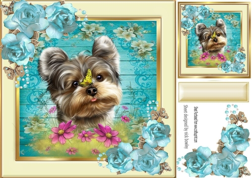 pretty floral frame with cute yorkie puppy 8x8