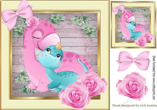 Cute Mum and baby dino in rose and floral frame 8x8