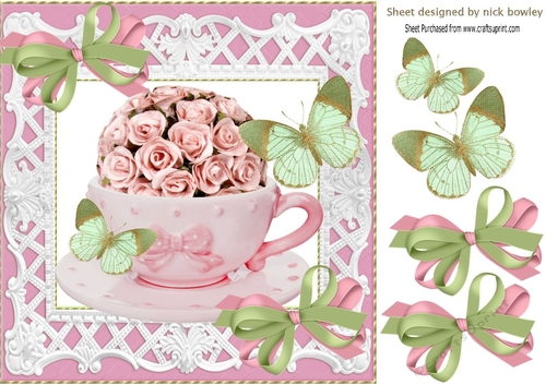 pretty pink roses in a teacup with butterflies 8x8