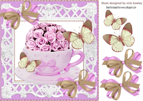 pretty lilac roses in a teacup with butterflies 8x8