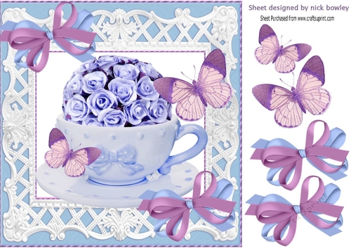pretty blue roses in a teacup with butterflies 8x8