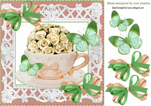 pretty peach roses in a teacup with butterflies 8x8