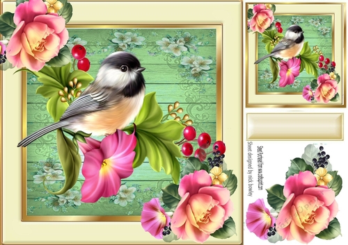 Pretty bird on a branch in floral frame with pink roses 8x8