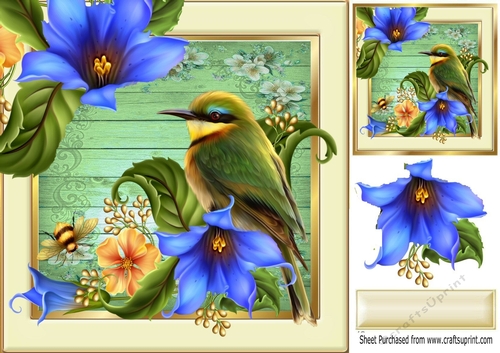 Pretty bird on a branch in floral frame 8x8 (blue)