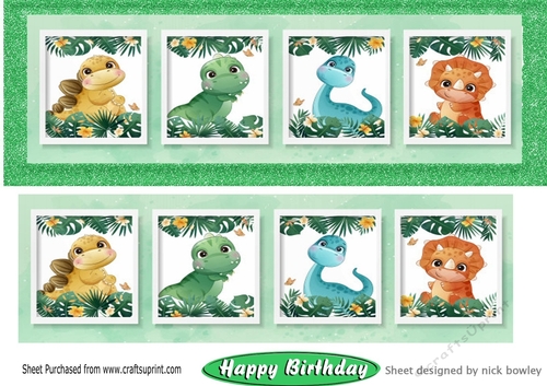 four cute dinos in green glitter DL