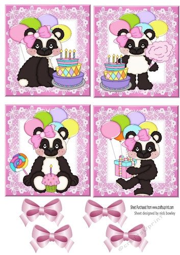 4 cute birthday pandas with pink bows toppers