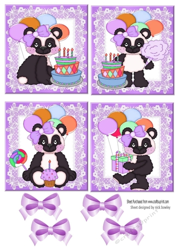 4 cute birthday pandas with lilac bows toppers