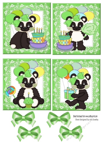 4 cute birthday pandas with green bows toppers