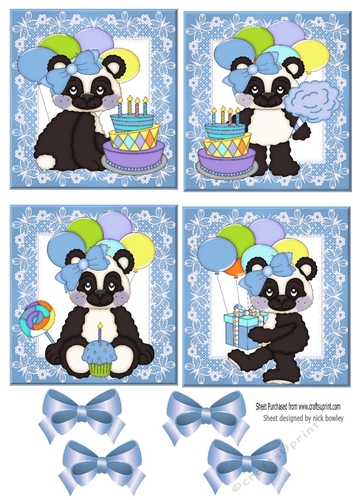 4 cute birthday pandas with blue bows toppers