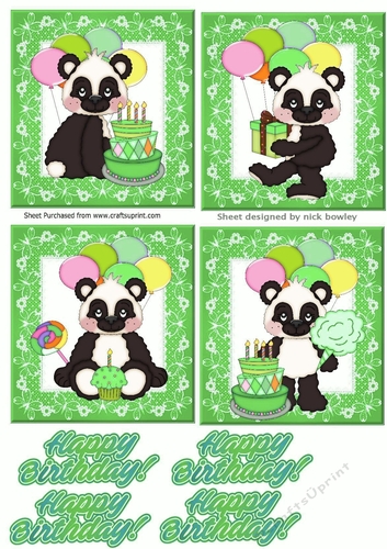 4 cute birthday panda toppers in green for boys