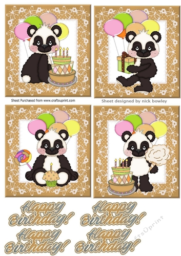 4 cute birthday panda toppers in gold for boys