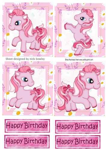 4 Cute pink little ponies in daisy frame toppers