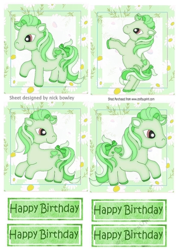4 Cute green little ponies in daisy frame toppers