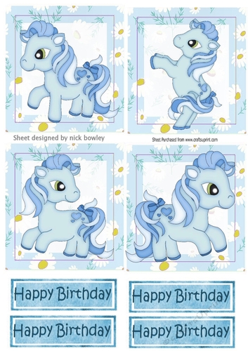 4 Cute blue little ponies in daisy frame toppers