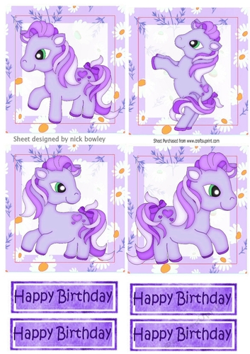 4 Cute purple little ponies in daisy frame toppers