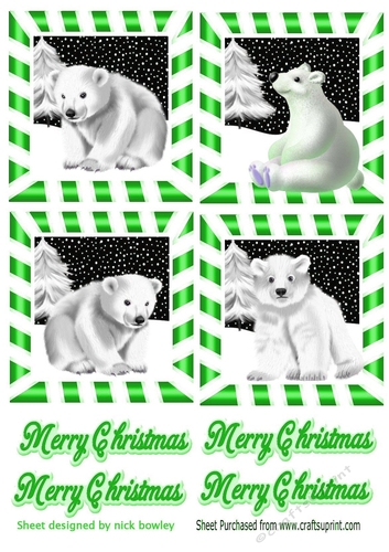 4 cute  christmas white polar bears toppers in green