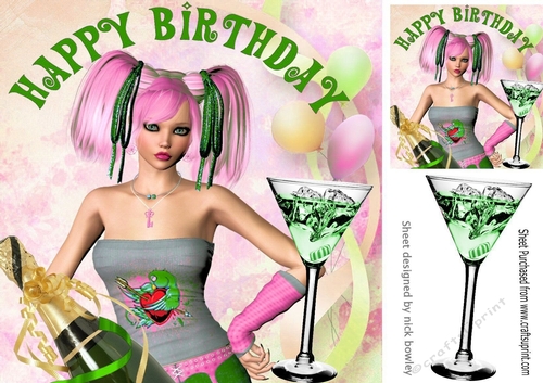 Birthday girl with cocktails (green) 8x8