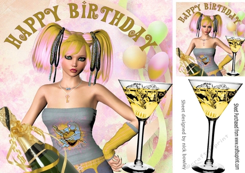 Birthday girl with cocktails (gold) 8x8