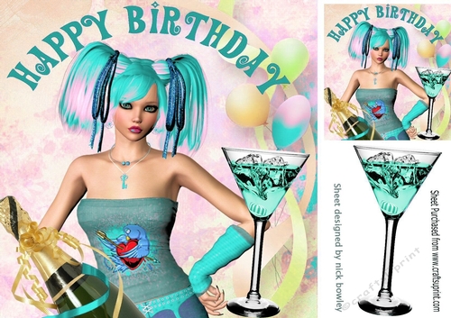 Birthday girl with cocktails (turq) 8x8