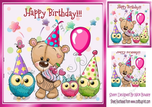 cute teddy with owls partying 8x8