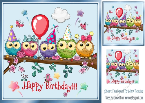 cute owls in party hats on a branch 8x8