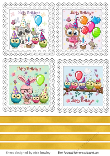 four cute owl toppers with gold borders