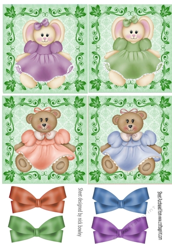 4 cute teddy and bunnies with bows folklore toppers