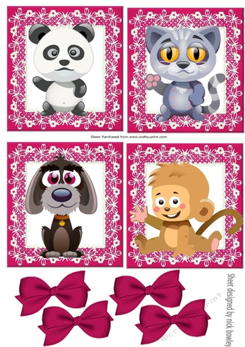 four cute animals with cerise bows toppers