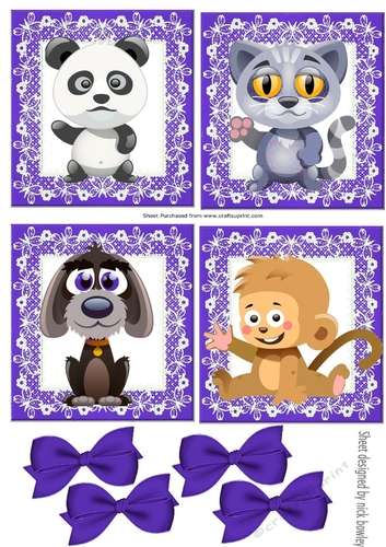 four cute animals with purple bows toppers